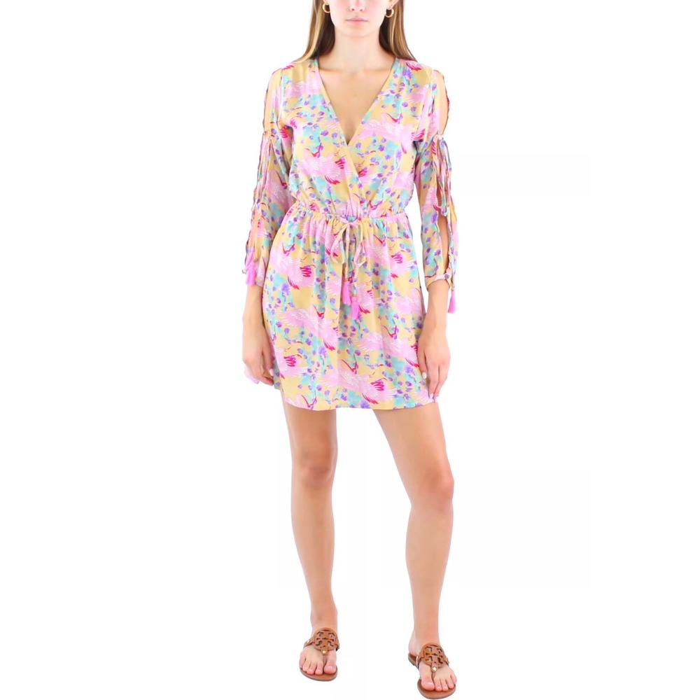 NWT Raga Pink Bird Floral Print Cold Shoulder Mini Dress Sz XS Ties Tassels Boho